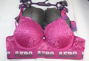 NWT set of 2 AEROPOSTALE PUSH UP bra PINK GRAY criss cross LACE - Picture 1 of 7