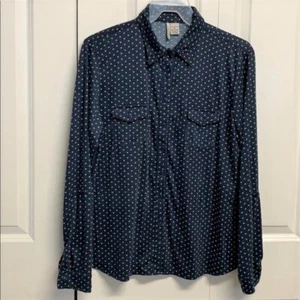 Love Potion Blue Tan Polka Dot Print Long Sleeve Stretch Pocket Top Size XL - Picture 1 of 6