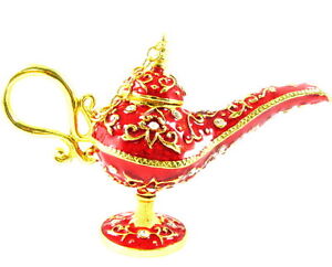 Vintage type RED Aladdin Genies oil lamp Pot Deco tin Golden Rhinestone Crystal