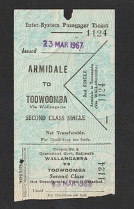 Billete de tren vintage 1967 Queensland Railways Armidale a Toowoomba Inter System - Imagen 1 de 2