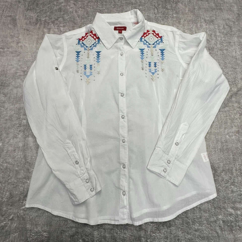 Panhandle Shirt Womens XL White Embroidered Western Snap Button Long Sleeve - Image 1 of 4