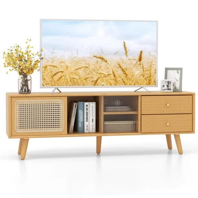 Bamboo TV Stand Console Table w/ PE Rattan  Door & 2 Drawers for TV up to 65" - Image 1 of 4