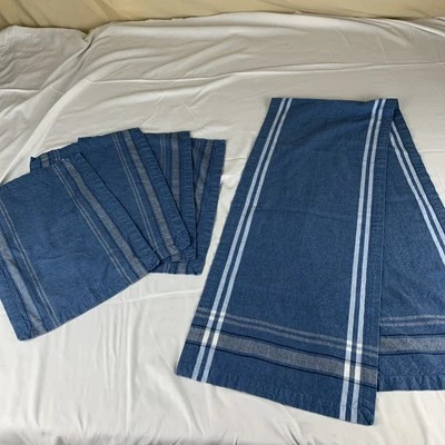 Unbranded Table Runner- 4 Placemats-Cotton-Blue w/Stripes Farmhouse Boho Cottage - Image 1 of 4