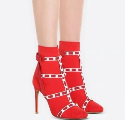 Valentino Rockstud Bodytech Rojo Blanco Calcetín Tejido Tacón al Tobillo Botín Zapato 36 Foto 1 de 4