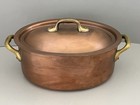 Vtg French Small Copper 8” Oval Roast Pan Pot Casserole Tin Lined Brass Handles