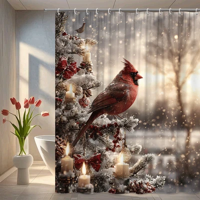 Christmas Cardinal Shower Curtain, Red Bird on Snowy Tree Design, Winter Holiday - Image 1 of 4