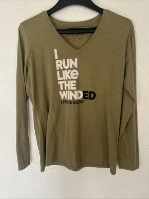 Life is Good Women Cool Long Sleeve Vee Wellness Fatigue Green Medium - Image 1 of 4