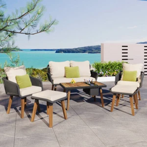 6-Piece Rope Patio Furniture Set with Acacia Wood Cool Bar Table & Stools - Picture 1 of 24