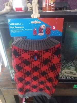 Vibrant Life Dog Pet Sweater Shih Tzu Or Cat Sz S Red & Black Plaid 10-20 Lb 13" - Image 1 of 4