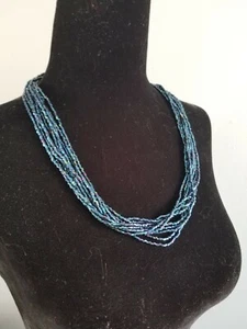 Seed Bead Necklace Vintage Glass?  10 Strand 24 inch Midnight Blue Iridescent J1 - Picture 1 of 4