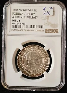 1921 W SWEDEN SILVER 2 KRONOR 2K POLITICAL LIBERTY 400TH ANNIVERSARY NGC MS 63 - Picture 1 of 2