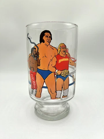 1985 WWF LG Titan Sports Drinking Glass Hulk Hogan Andre The Giant Roddy Piper Cover