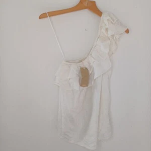Linen Blouse Size Uk 14 White One Shoulder Sleeveless Top Medium Summer next new - Picture 1 of 3