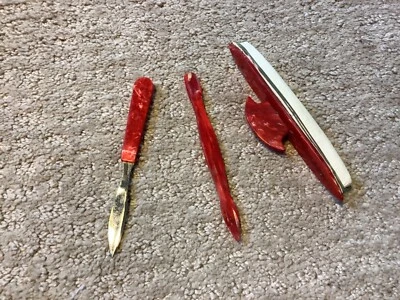 Vintage red marbled Bakelite nail cuticle set, 3 tools, Germany, buffer - Image 1 of 4