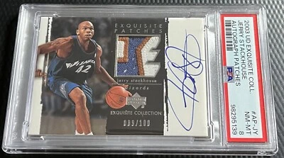 2003 Jerry Stackhouse PSA 8 UD Exquisite Patches On-Card Auto 3-Color Patch /100 - Image 1 of 3