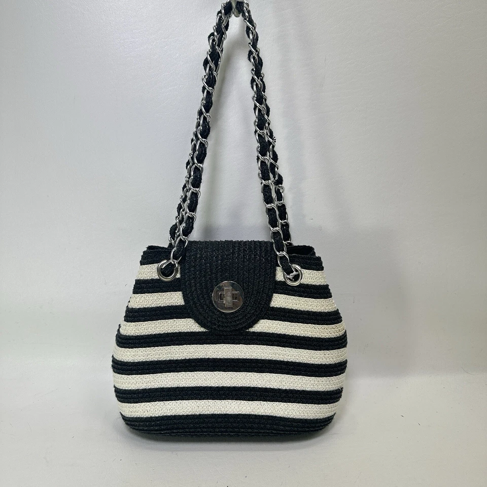 Magid Shoulder Handbag S Stripe Black White Paper Straw Zip Purse Converts Bag - Image 1 of 4