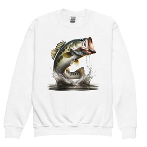 Kids Largemouth bass fishing sweatshirt Childs jumper fish gift idea bucketmouth - Picture 1 of 10