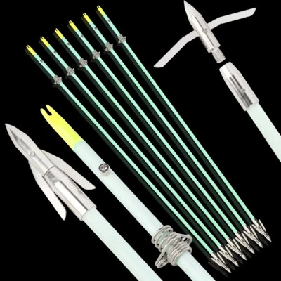 3/6/12pcs 35" Bowfishing Arrows Night Glow Broadheads Solid Bow Fishing Hunting - Image 1 of 4
