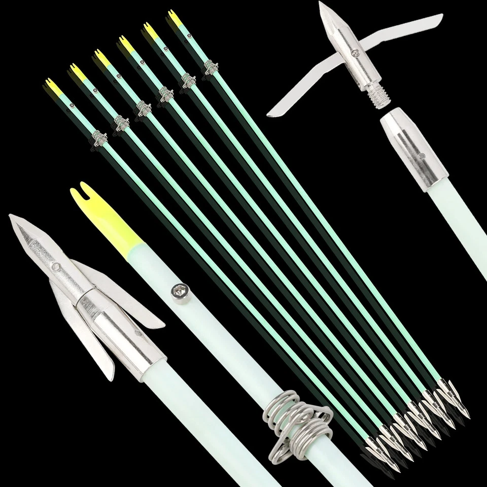 3/6/12pcs 35" Bowfishing Arrows Night Glow Broadheads Solid Bow Fishing Hunting - Image 1 of 4