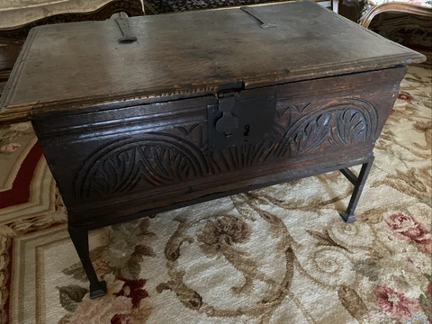 16 Century German Bible Box(Side Carved With Arch Design, Iron Base) Cover