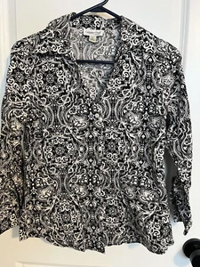 Coldwater Creek Black & White Paisley Blouse Size: S 3/4 Sleeve Button-up Collar - Picture 1 of 9
