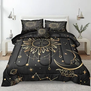 Sun and Moon Comforter Queen Size Black and Gold Comforter Shabby Chic Sun Mo... - Picture 1 of 8