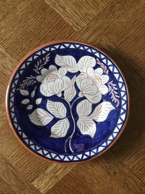 Vintage clay blue & white floral Hand Painted Plate. Portuguese. Signed Gina.  - Image 1 of 4