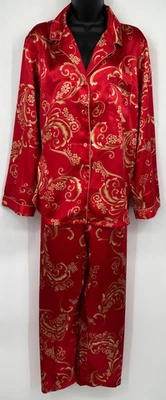 Morgan Taylor Womens Long Sleeve Pajama Top Pant Set Size XL Red Floral Satin - Image 1 of 4