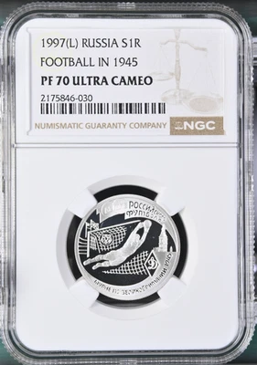 TopPop! Russia 1997 1 ROUBLE FOOTBALL IN 1945 Silver Coin NGC PF70 UC - Image 1 of 2