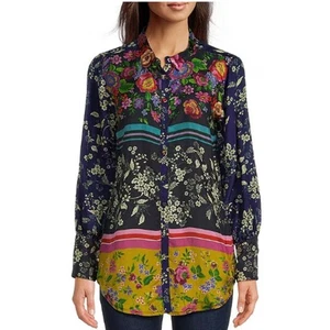 Johnny Was Cantero Yrene Seidenbluse Blumen gestreift Knopf Manschettenärmel S - Bild 1 von 6