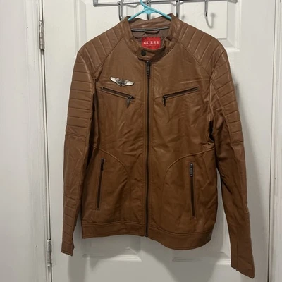 Guess Men’s Brown Leather Bomber Aviation Jacket Size Small Full Zip - Image 1 of 4