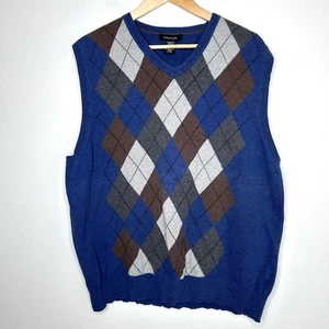 Structure Wool Argyle Sweater Vest Men’s XL V-Neck Blue Gray Sleeveless Grandpa - Picture 1 of 5