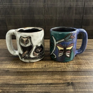 Mara Mexico Art Pottery Stoneware Mugs Signed Owl Butterflies 16 oz Set Of 2 - Picture 1 of 6