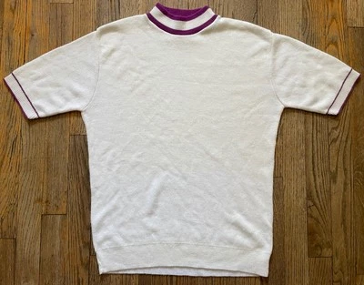 VTG 60s Ban Lon Style Mock Neck Shirt, White/Purple Trim, Men’s Md, Mod Rat Pack - Image 1 of 4
