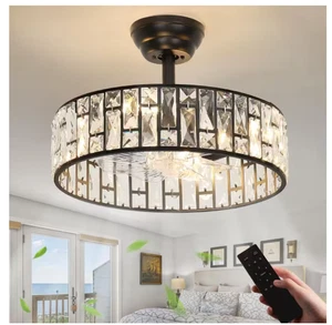 JUSHENG Modern 17.7" Black Crystal Ceiling Fan Light w/ Remote & Silent Motor - Picture 1 of 13