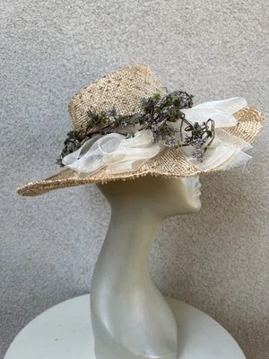 Sombrero Vintage Tostado Crudo Paja Knobby Floral Flor de París Nueva Orleans Foto 1 de 4