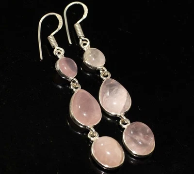 Pendientes étnicos grandes de cuarzo rosa enchapados en plata 925 tamaño joyería 2,5" GW Foto 1 de 3