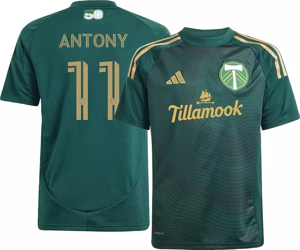 Camiseta de fútbol Adidas Timbers FC Antony 11 XL calce ajustado verde/dorado Foto 1 de 4