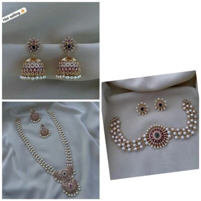 Gargantilla nupcial india Bollywood Kundan perlas doradas collar circonita cúbica conjunto combinado de joyas Foto 1 de 4