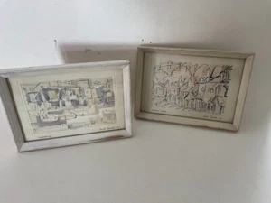 Pen Ink and Wash Sketches by Jack Small 1960 Personally Inscribed Cards Framed - Picture 1 of 13