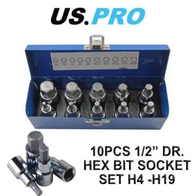 US PRO 1/2" Dr 10pc Hex Allen Bit Sockets, Socket Key Set H4 - H19 1695 - Image 1 of 4