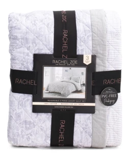 Rachel Zoe 3 Piece Luxury Queen Quilt & Shams Set Gray White Stripe Floral NEW - Picture 1 of 2