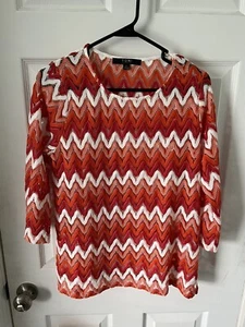 TONI MORGAN Womens Orange White Red Sheer Top Shirt 3/4 Sleeve Knit Size Small - Picture 1 of 3