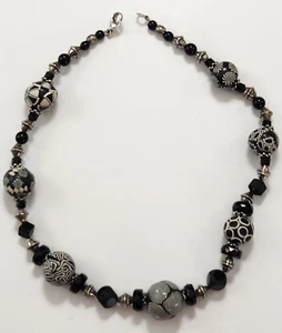Artisan Polymer Clay Glass Bead Necklace Black White Silvertone Geometric Boho - Picture 1 of 10