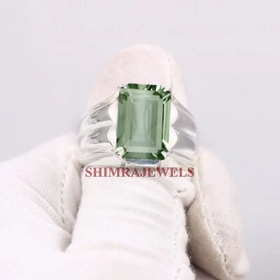 Natural Green Amethyst With 14K White Gold Plated Silver Ring for Men's #1185 - Image 1 of 4