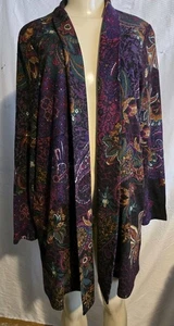 Susan Graver Long Cardigan Duster Open Front Burgundy Fall Print Pockets Size M - Picture 1 of 5