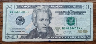 2013 $20 Dollar Bill Fancy Star Note, MG06666069* (Trinary) 5 of a kind 6's Rare - Image 1 of 2