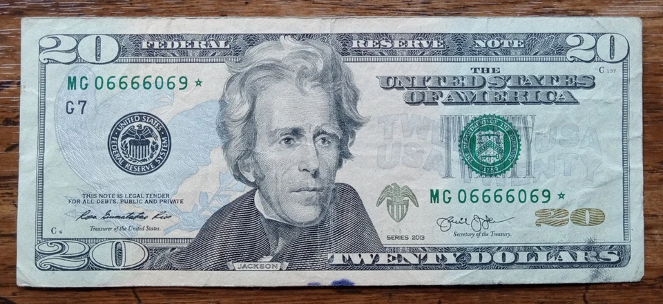 2013 $20 Dollar Bill Fancy Star Note, MG06666069* (Trinary) 5 of a kind 6's Rare - Image 1 of 2