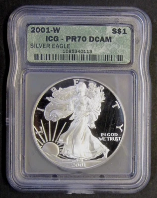 American Silver Eagle 2001-W prueba $1 ~ certificado ICG/calificado PR70 DCAM ~ ENVÍO Y DEVOLUCIÓN GRATUITOS Foto 1 de 2