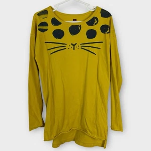 Tea Collection Girl's 7 Long Sleeve T-Shirt 100% Cotton Yellow Kitty Cat Dots - Picture 1 of 3